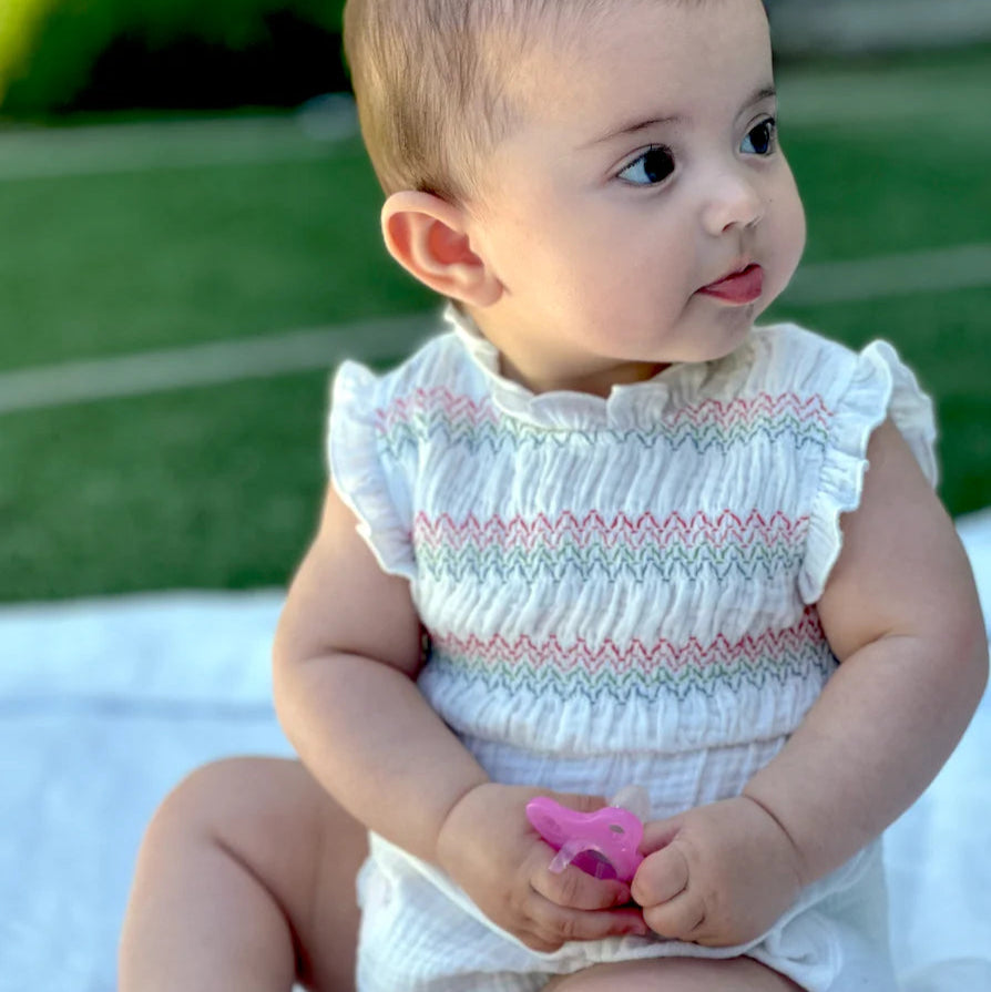 White Sleeveless Romper with Multicolor Smock