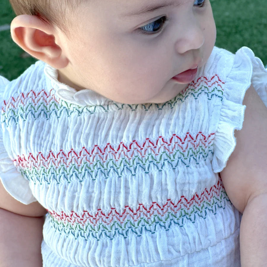 White Sleeveless Romper with Multicolor Smock