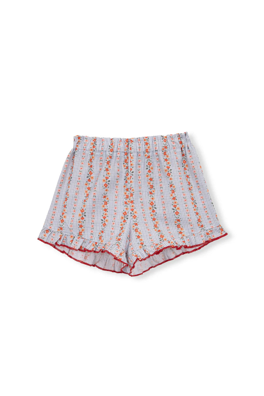 Blue Vichy Shorts with Red Flowers