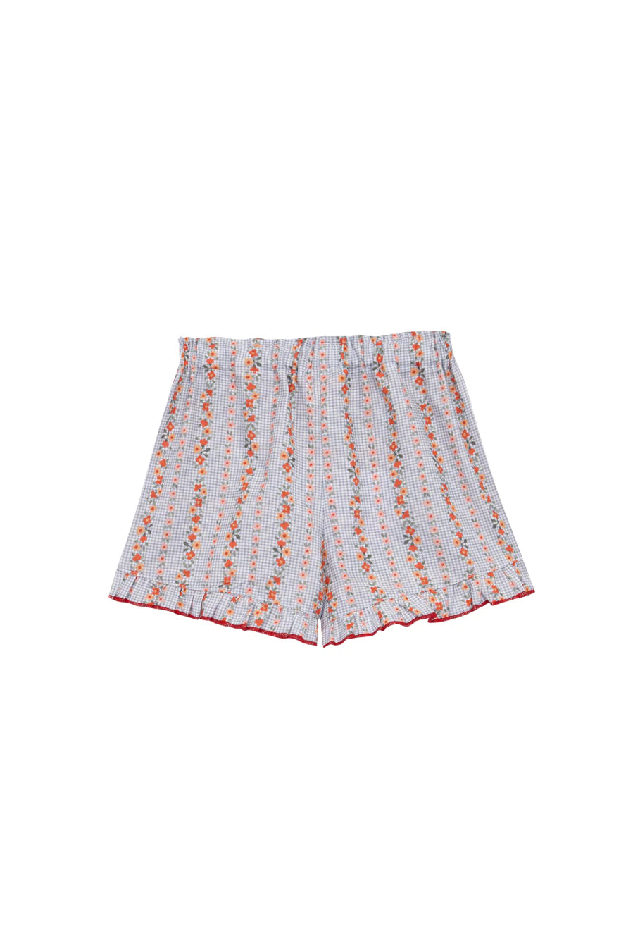 Blue Vichy Shorts with Red Flowers