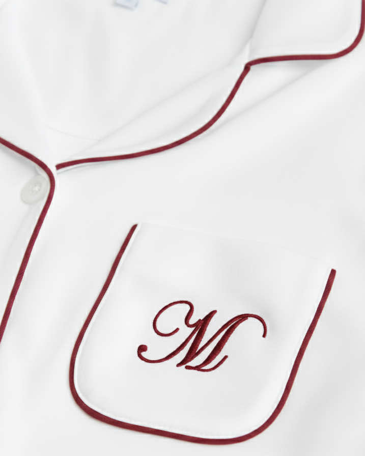 Pyjama chemise blanc bordeaux pour femme
