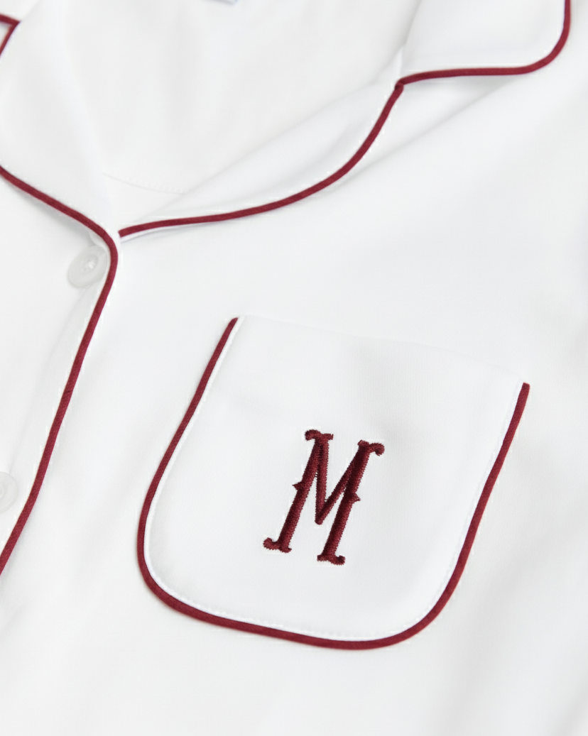 Pyjama chemise blanc bordeaux pour femme