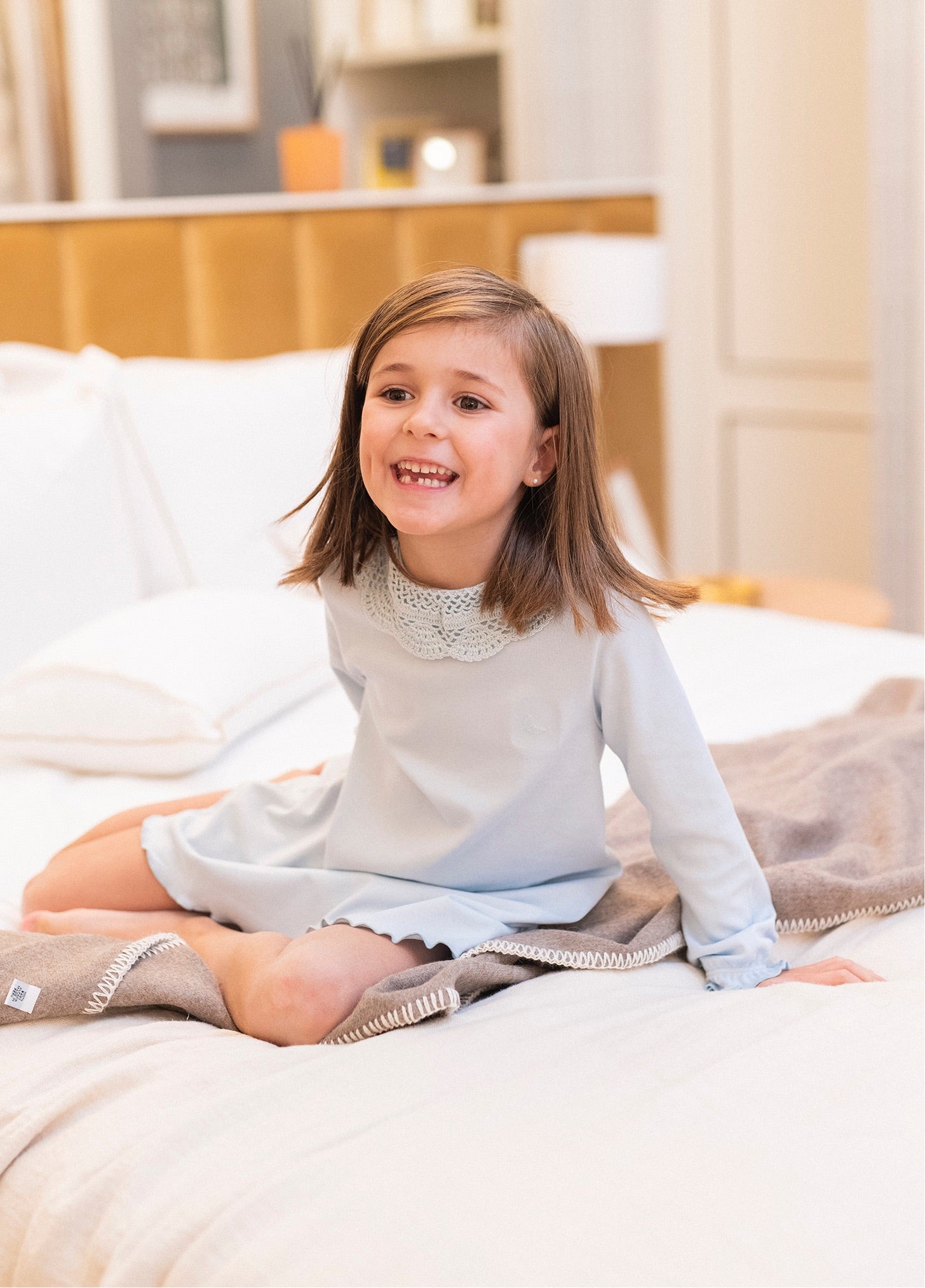 Camisón Niña Crochet Azul Manga Larga