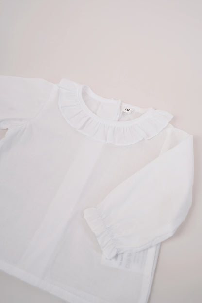 Camisa Batista Cuello Volante Blanca Manga Larga