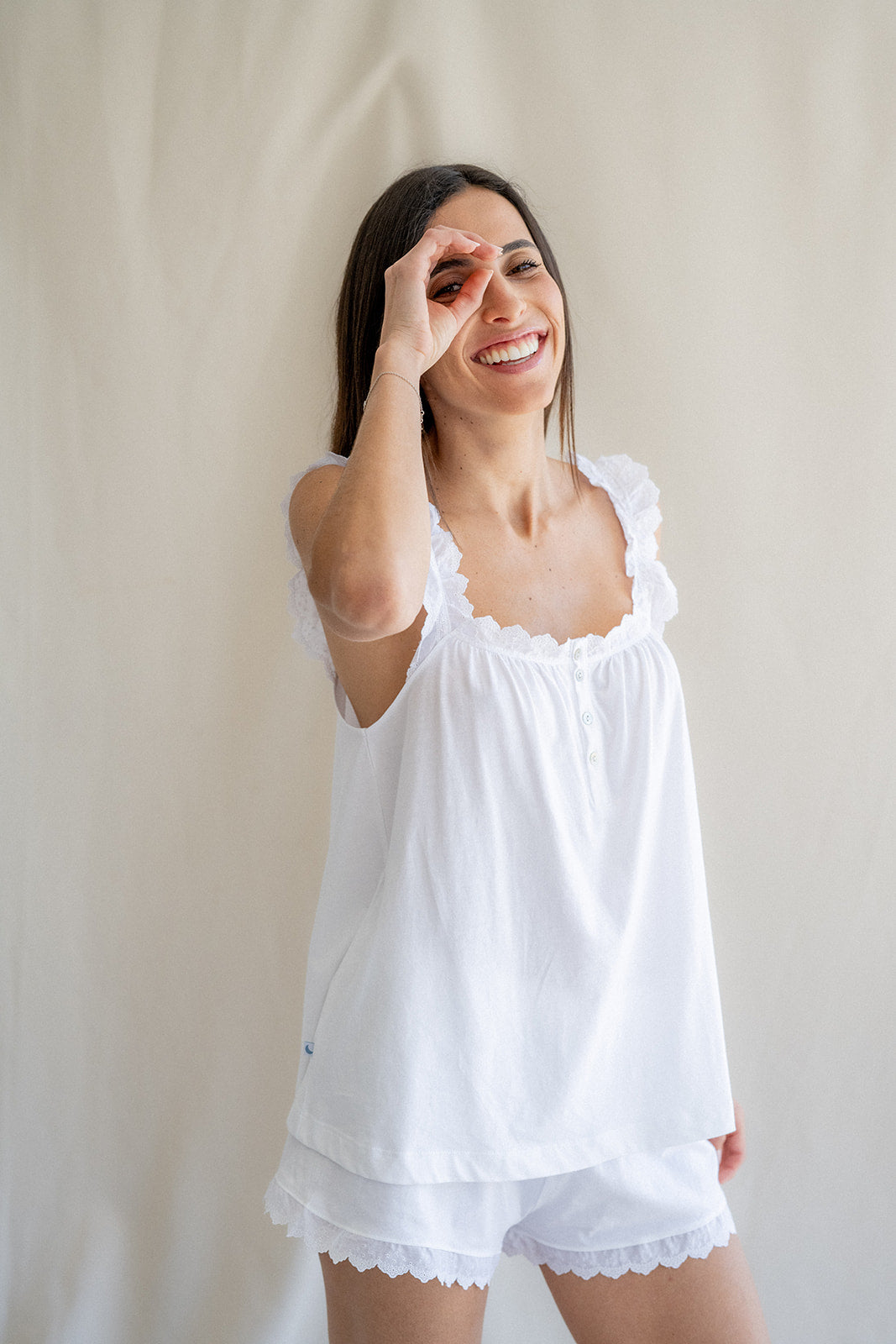 Pijama Mujer Tira Bordada Blanco