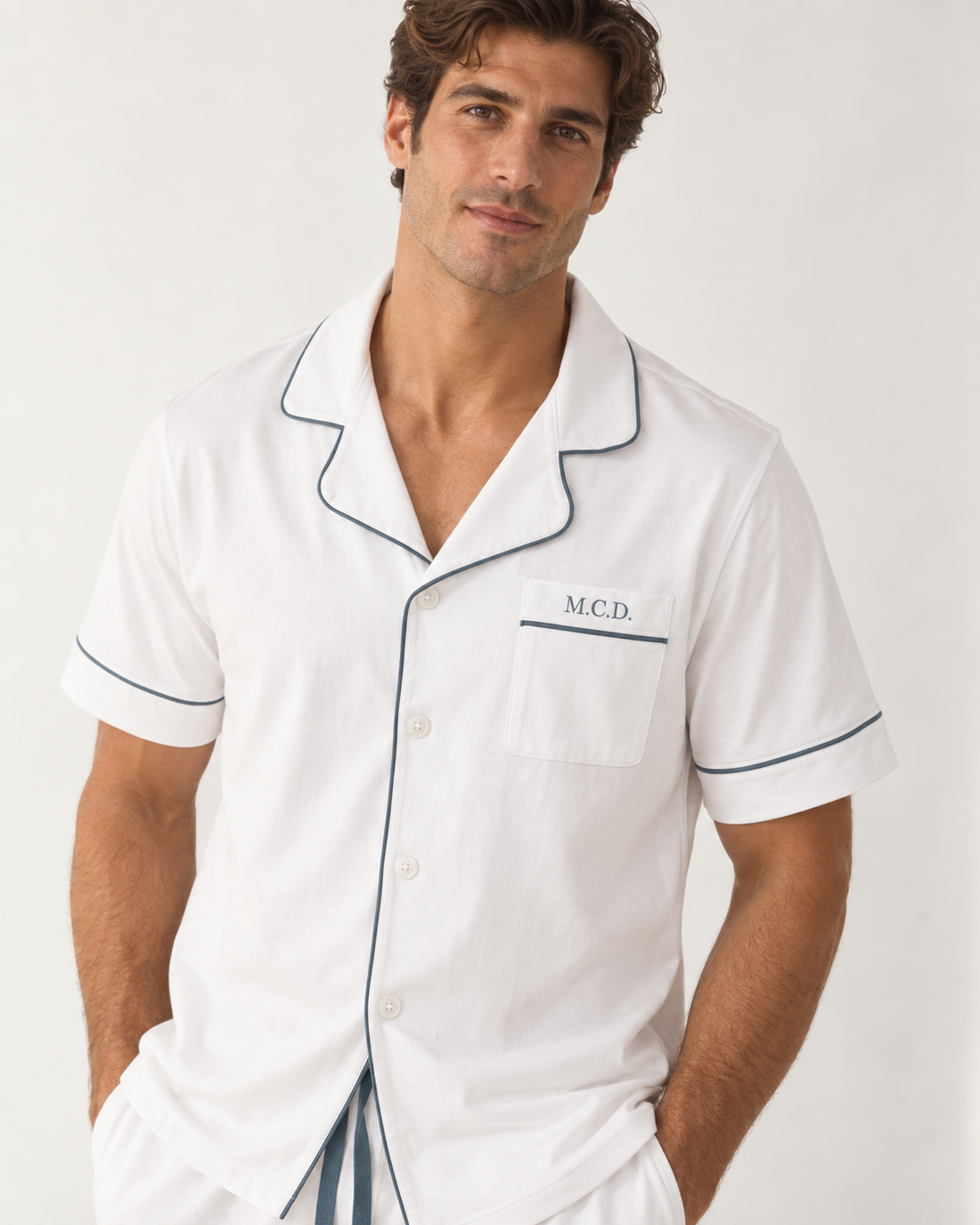 Pijama Hombre Camisero Blanco Deep Blue Corto