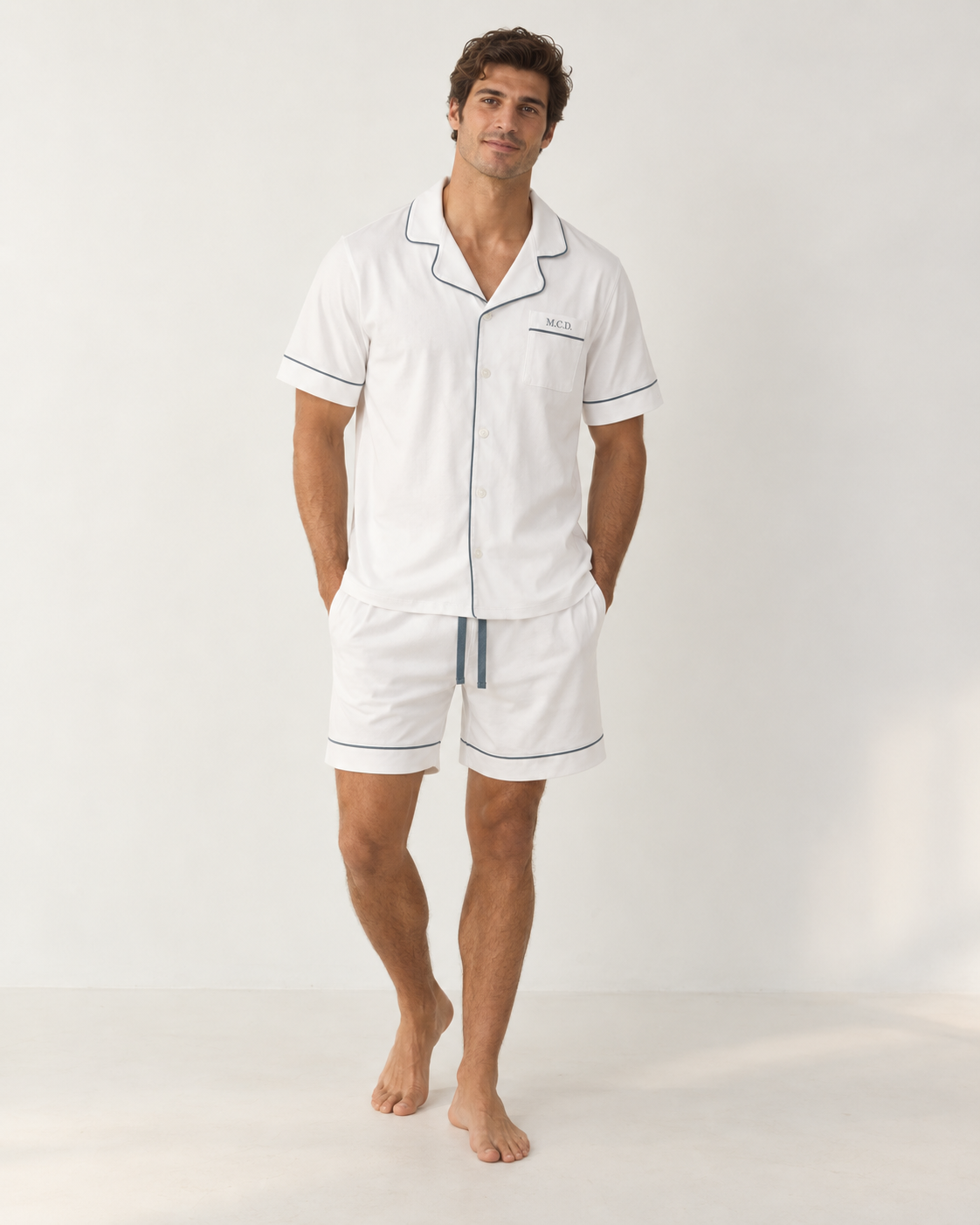 Pijama Hombre Camisero Blanco Deep Blue Corto